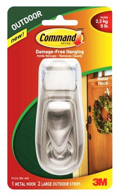 Command™ Outdoor Large Metal Hook Brushed Nickel FC13-BN-AWES, 1 hook, 2 water-resistant strips