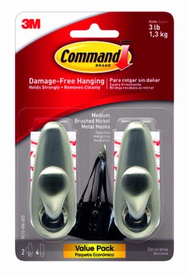 Command™ Medium Forever Classic Brushed Nickel Metal Hooks Value Pack, FC12-BN-2ES, 2 hooks, 4 strips