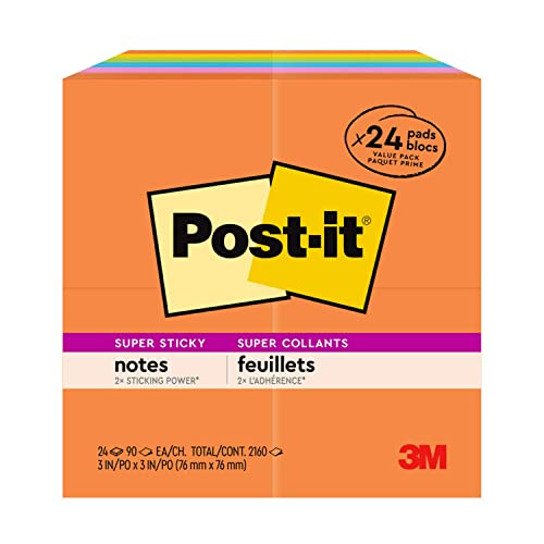 Post-it® Super Sticky Notes 654-24SSAU, Energy Boost Collection, 3 in x 3 in (76 mm x 76 mm), 100% PEFC, SGSCH-PEFC-COC-110078
