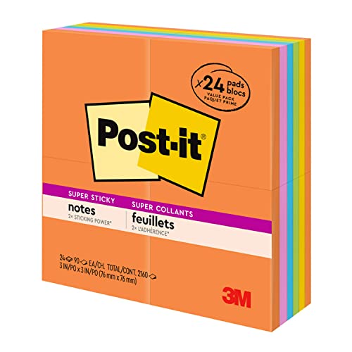 Post-it® Super Sticky Notes 654-24SSAU, Energy Boost Collection, 3 in x 3 in (76 mm x 76 mm), 100% PEFC, SGSCH-PEFC-COC-110078