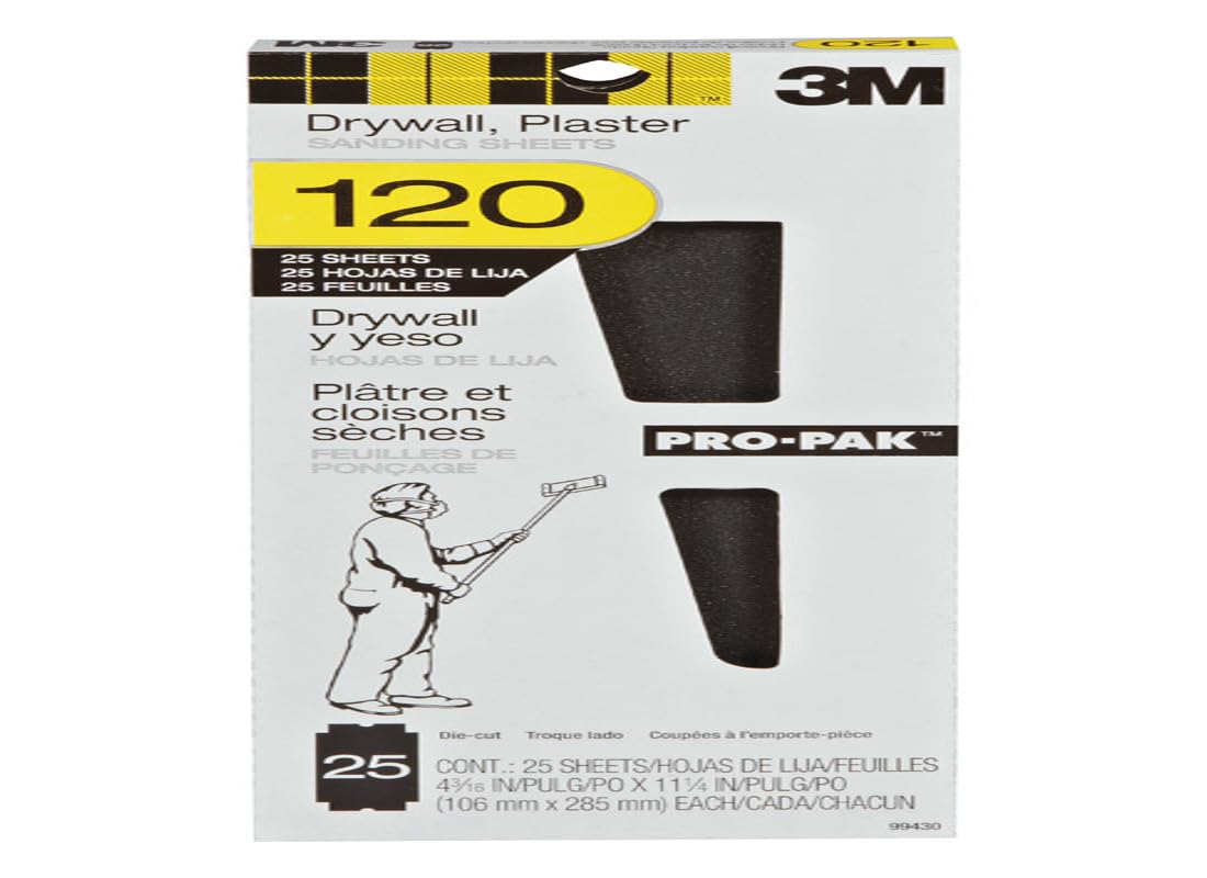 3M™ Drywall Sanding Sheet 53044, 120 Grit, 4 3/16 in x 11 1/4 in, 100 shts/pk, 10 pks/cs