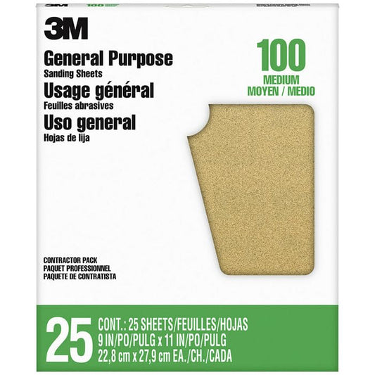 3M™ General Purpose Sanding Sheets, 11604NA-25, 9 in x 11 in, 100 grit, Medium grit, 25 sheets/pk, 5 pks/cs