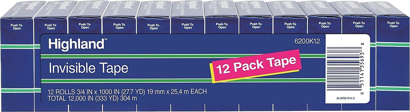 Highland™ Invisible Tape 6200K12, 3/4 in x 1000 in (19 mm x 25,4 m), 12 Pack