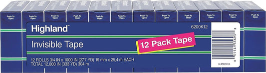 Highland™ Invisible Tape 6200K12, 3/4 in x 1000 in (19 mm x 25,4 m), 12 Pack