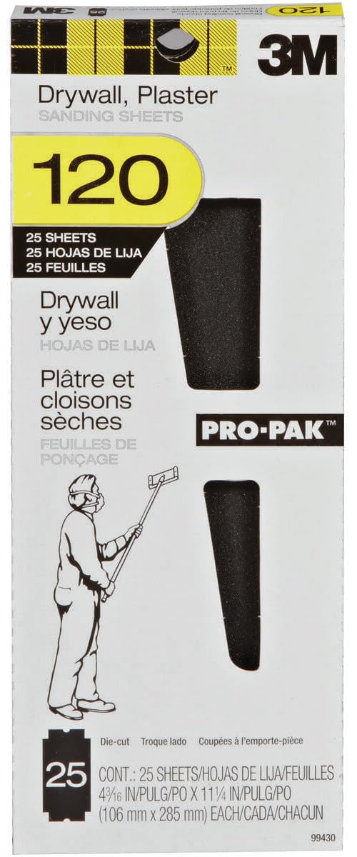3M™ Drywall Sanding Sheet 53044, 120 Grit, 4 3/16 in x 11 1/4 in, 100 shts/pk, 10 pks/cs
