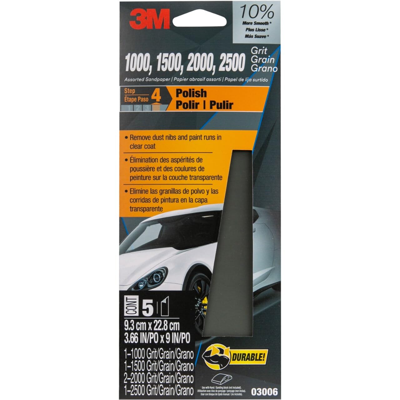 3M™ Wetordry Sandpaper 03006, 3 2/3 in x 9 in, Asst Grit, 5/Pack