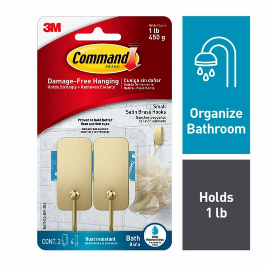 Command™ Bath Small Satin Brass Hook BATH33-BR-2ES, 2 Hooks, 4 Strips