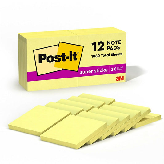 Post-it® Super Sticky Notes 654-12SSCY, Canary Yellow, 3 in x 3 in, 12/pk, 90 sh per pad, 100% PEFC, SGSCH-PEFC-COC-110078