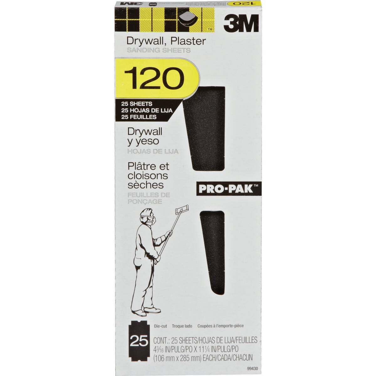 3M™ Drywall Sanding Sheet 53044, 120 Grit, 4 3/16 in x 11 1/4 in, 100 shts/pk, 10 pks/cs