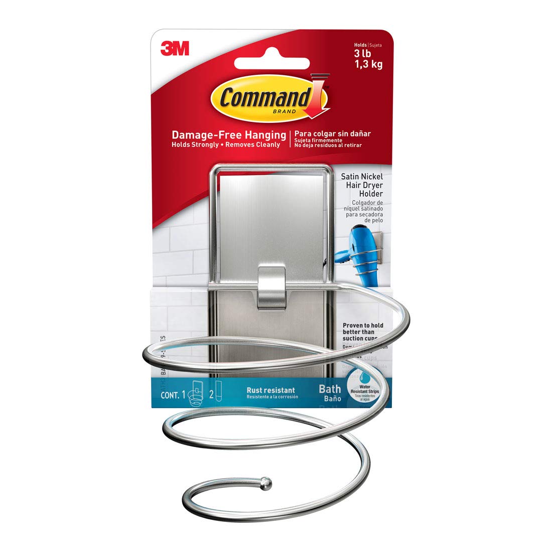 Command™ Hair Dryer Holder BATH39-SN-ESF, Satin Nickel