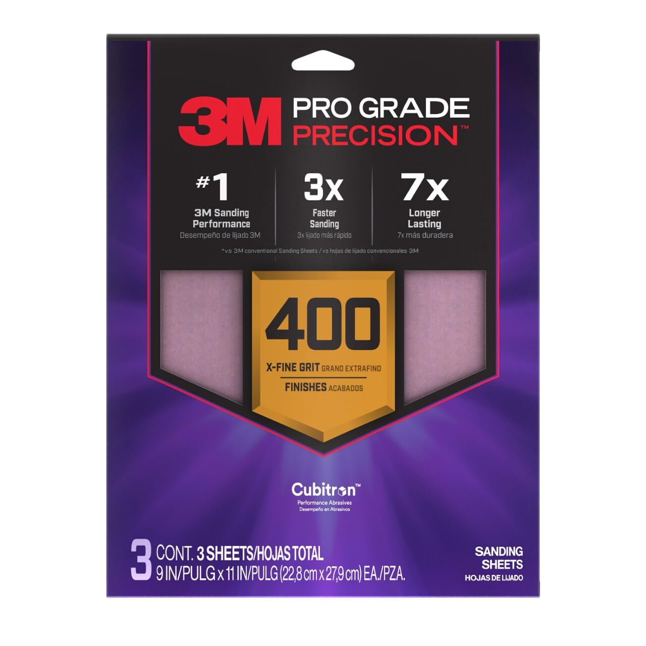 3M™ Pro Grade Precision™ Faster Sanding Sheets w/ NO-SLIP GRIP™ Backing SHR400-PGP-3T, 9 in x 11 in, 400 Gr, 3 Sht/Pk