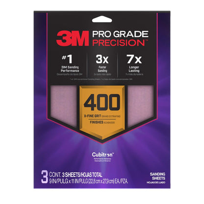 3M™ Pro Grade Precision™ Faster Sanding Sheets w/ NO-SLIP GRIP™ Backing SHR400-PGP-3T, 9 in x 11 in, 400 Gr, 3 Sht/Pk