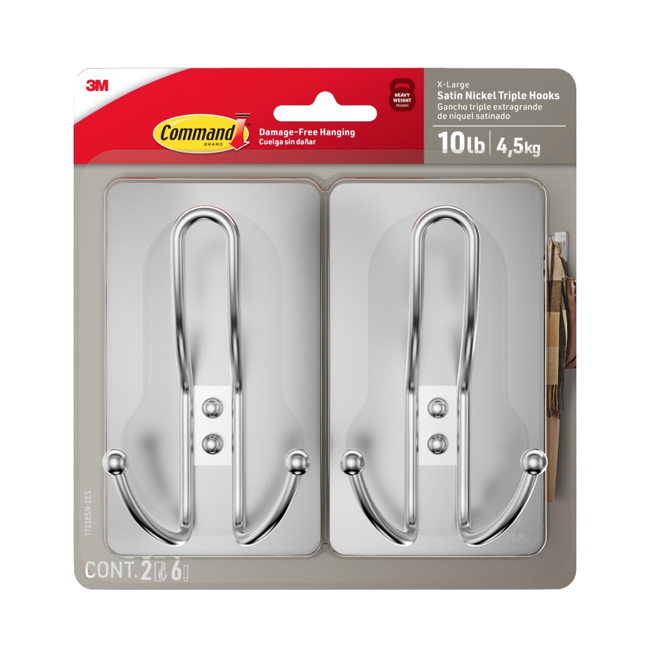 Command™ X-Large Satin Nickel Triple Hook 17038SN-2ES, 2 Pack, 2 hooks, 6 strips