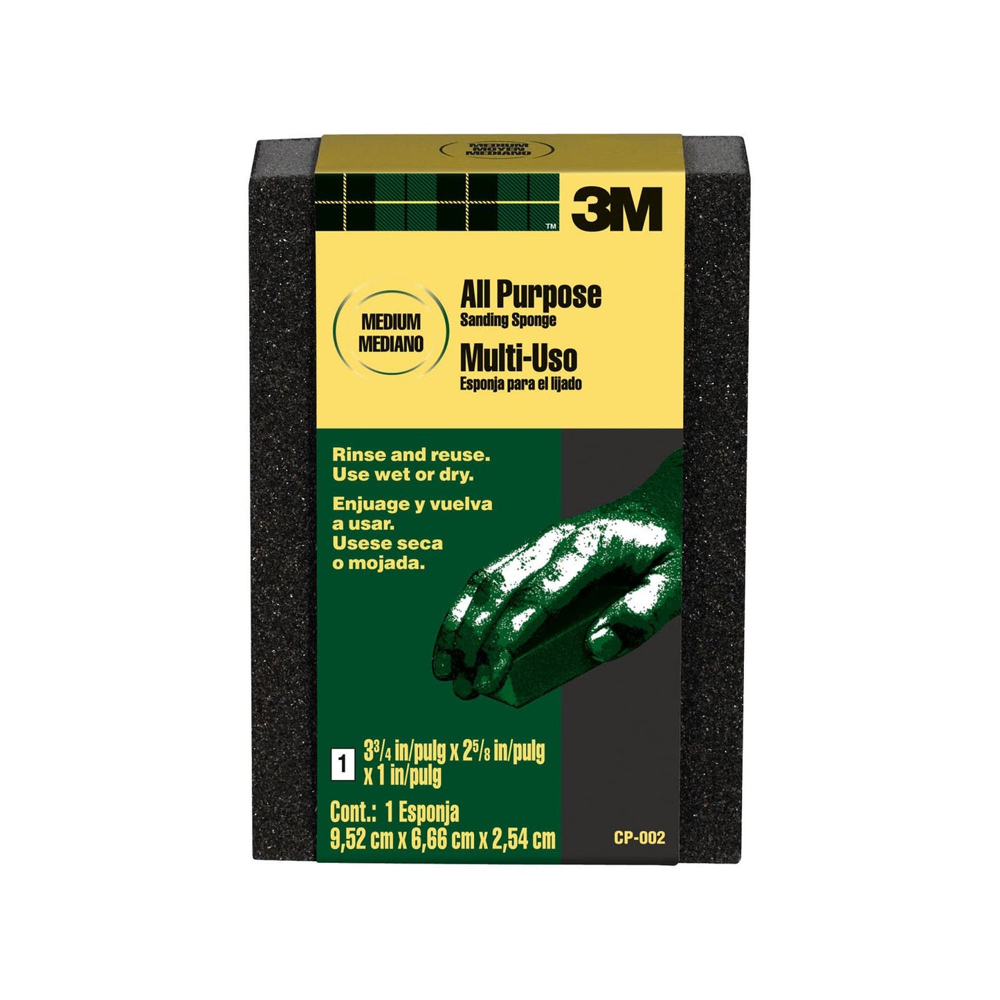 3M™ Sanding Sponge CP-002-ESF, Block, 3 3/4 in x 2 5/8 in x 1 in, Medium, 24 ea/cs