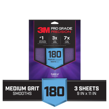3M™ Pro Grade Precision™ Faster Sanding Sheets w/ NO-SLIP GRIP™ Backing SHR180-PGP-3T, 9 in x 11 in, 180 Gr, 3 Sht/pk