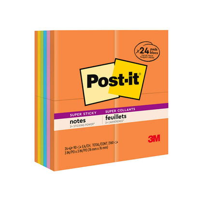 Post-it® Super Sticky Notes 654-24SSAU, Energy Boost Collection, 3 in x 3 in (76 mm x 76 mm), 100% PEFC, SGSCH-PEFC-COC-110078