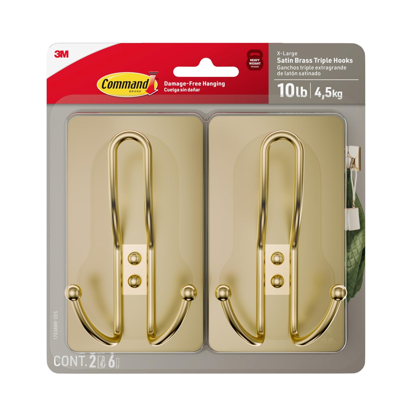 Command™ X-Large Satin Brass Triple Hook 17038BR-2ES, 2 Hooks, 6 Strips, 2 Pack