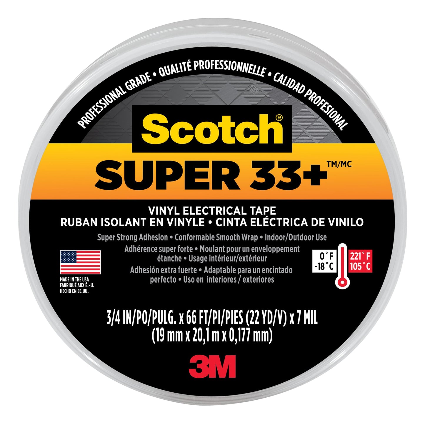 Scotch® Super 33+™ Vinyl Electrical Tape, 6132-BA-3PK-6, 0.75 in x 66 ft x 0.007 in (19 mm x 20,1 m x 0.177 mm), 6/case