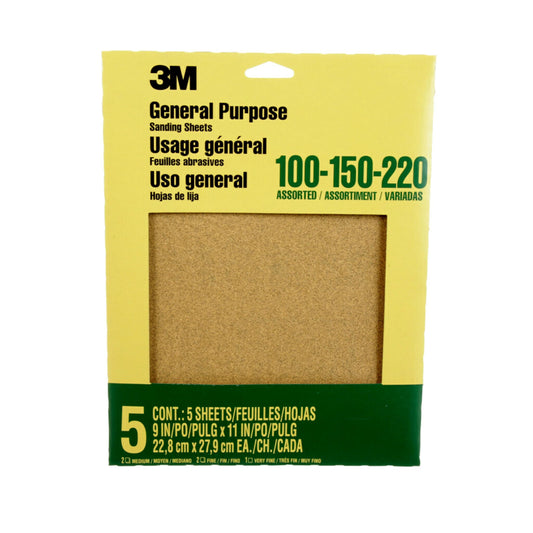 3M™ Aluminum Oxide Sandpaper Assorted Grit, 9005NA, 9 in x 11 in, 5/pk