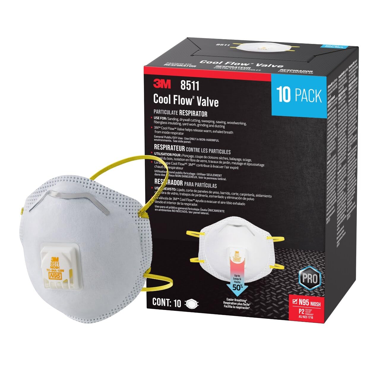 3M™ Cool Flow™ Valve Particulate Respirator 8511 8511P10-DC, 10 eaches/pack, 4 packs/case