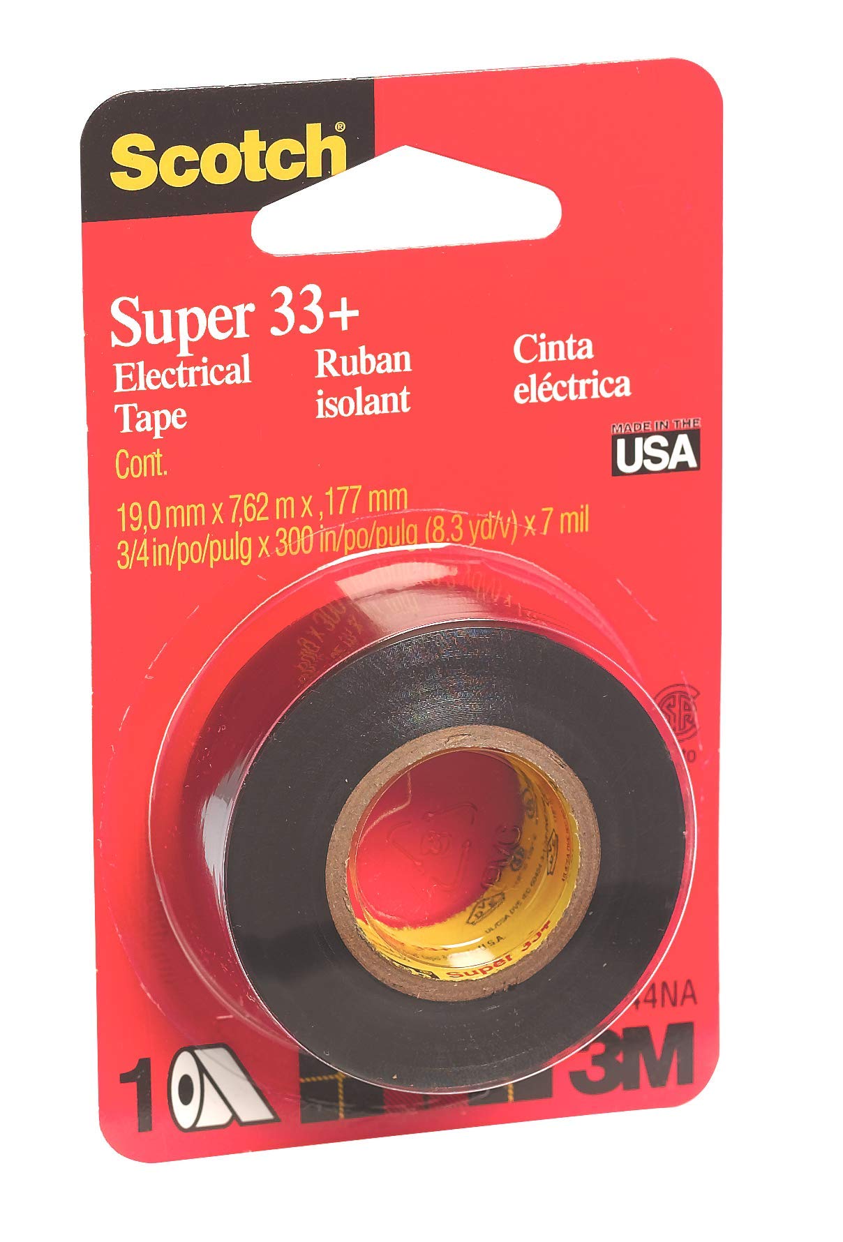 Scotch® Super 33+™ Vinyl Electrical Tape, 03744NA, 3/4 in x 25 ft x 7 mil (19 mm x 7,62 m x ,177 mm), 24/cs