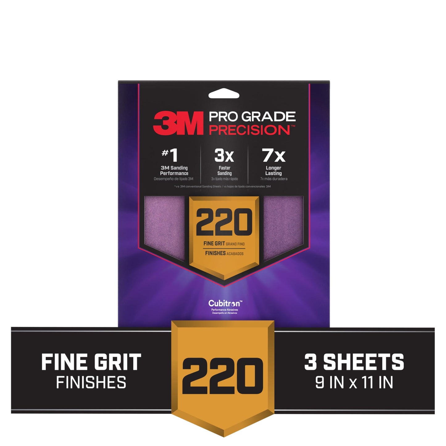 3M™ Pro Grade Precision™ Faster Sanding Sheets w/ NO-SLIP GRIP™ Backing SHR220-PGP-3T, 9 in x 11 in, 220 Gr, 3 St/Pk