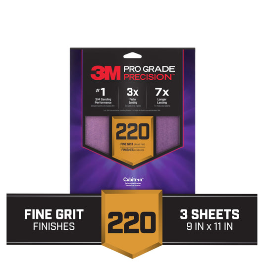 3M™ Pro Grade Precision™ Faster Sanding Sheets w/ NO-SLIP GRIP™ Backing SHR220-PGP-3T, 9 in x 11 in, 220 Gr, 3 St/Pk