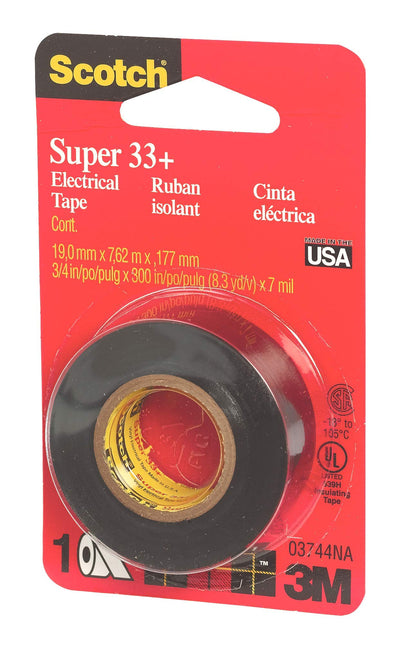 Scotch® Super 33+™ Vinyl Electrical Tape, 03744NA, 3/4 in x 25 ft x 7 mil (19 mm x 7,62 m x ,177 mm), 24/cs
