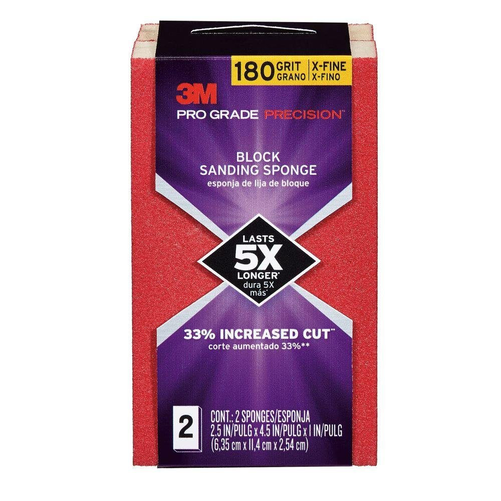 3M™ Pro Grade Precision™ Faster Sanding Sanding Block Sponge FSB180-PGP-2T, 2.5 x 4.5 x 1in, 180 grit, 2 each/pack
