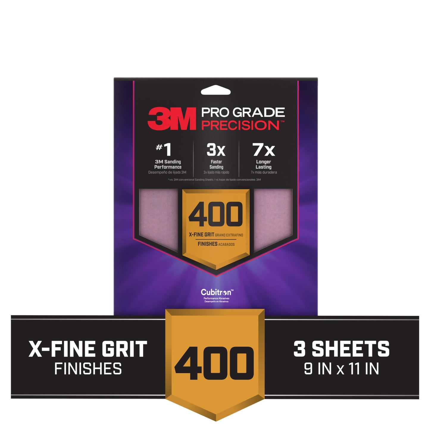 3M™ Pro Grade Precision™ Faster Sanding Sheets w/ NO-SLIP GRIP™ Backing SHR400-PGP-3T, 9 in x 11 in, 400 Gr, 3 Sht/Pk
