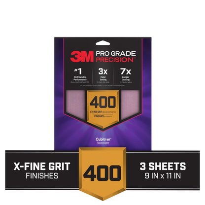 3M™ Pro Grade Precision™ Faster Sanding Sheets w/ NO-SLIP GRIP™ Backing SHR400-PGP-3T, 9 in x 11 in, 400 Gr, 3 Sht/Pk