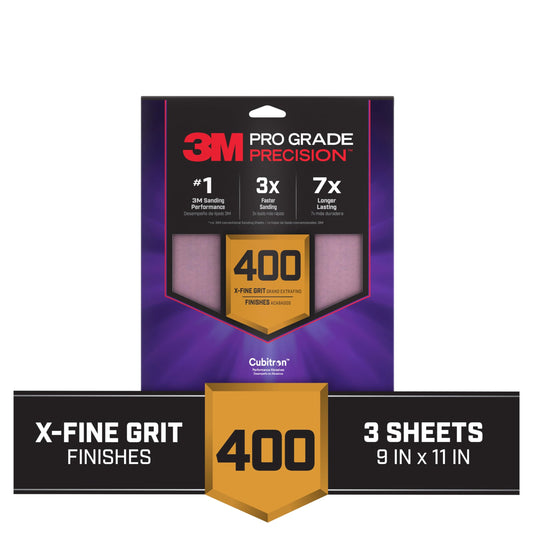 3M™ Pro Grade Precision™ Faster Sanding Sheets w/ NO-SLIP GRIP™ Backing SHR400-PGP-3T, 9 in x 11 in, 400 Gr, 3 Sht/Pk
