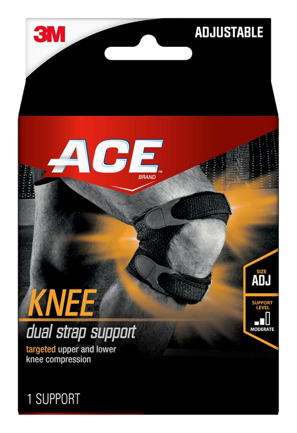ACE Dual Strap Knee Support Soothing Gel Pads Deliver Targeted Pressure on Your Sore Tendons, Adjustable, Black, 1 Pack