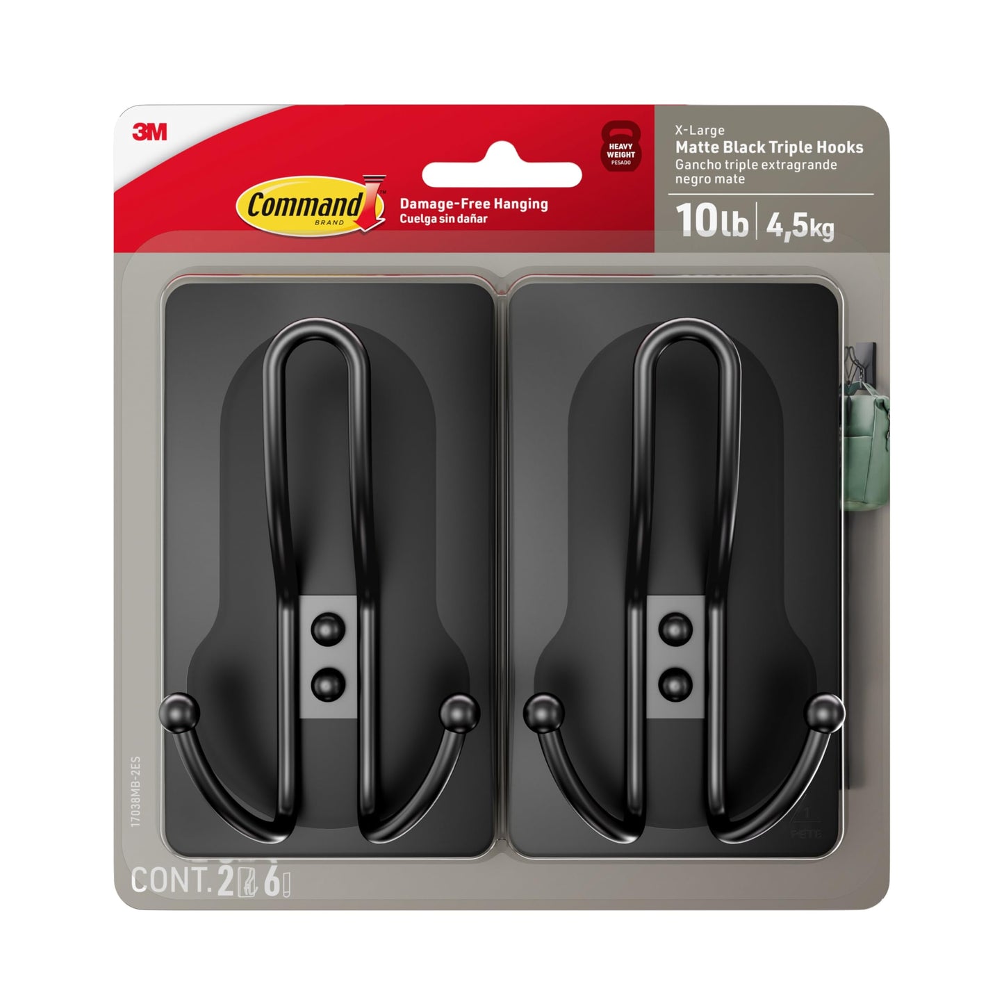 Command™ X-Large Matte Black Triple Hook 17038MB-2ES, 2 pack, 2 hooks, 6 strips