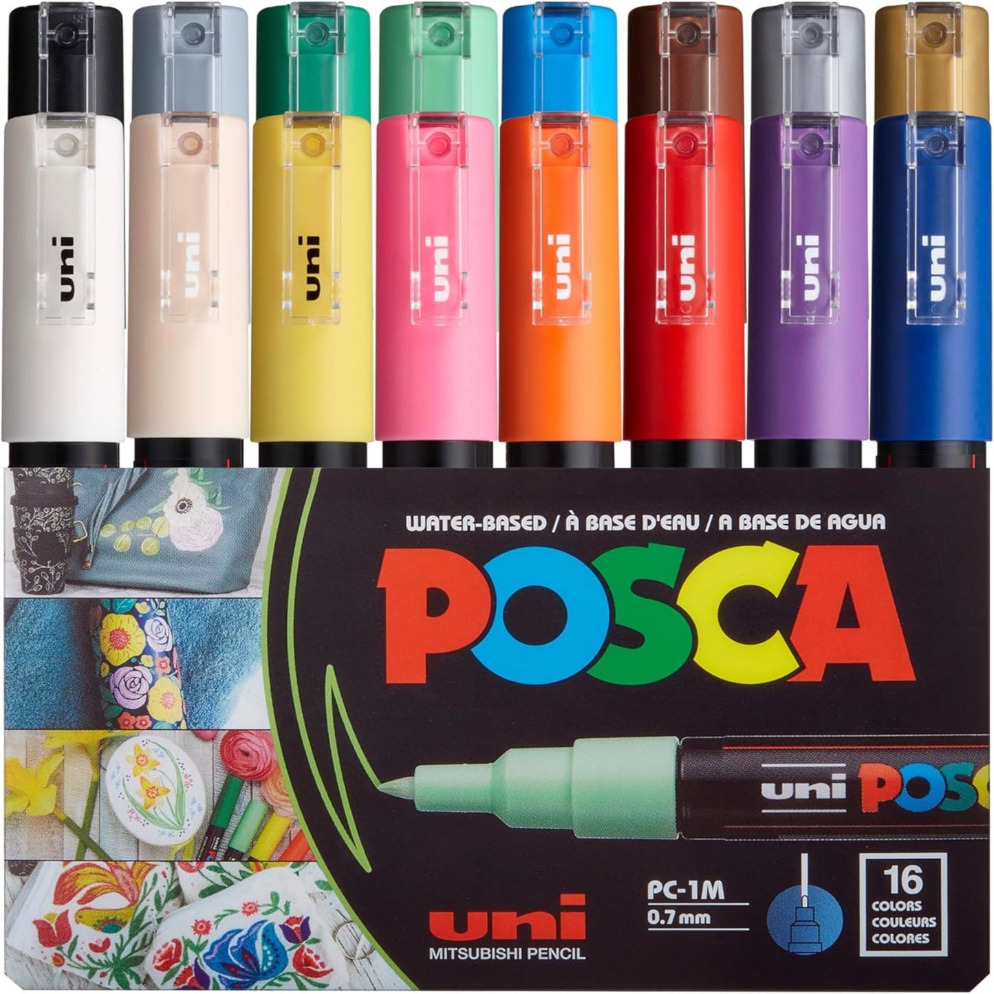 uni® POSCA PC-1M Water-Based Paint Markers, Extra Fine Tip (0.7mm), Assorted Colors, 16 Pack