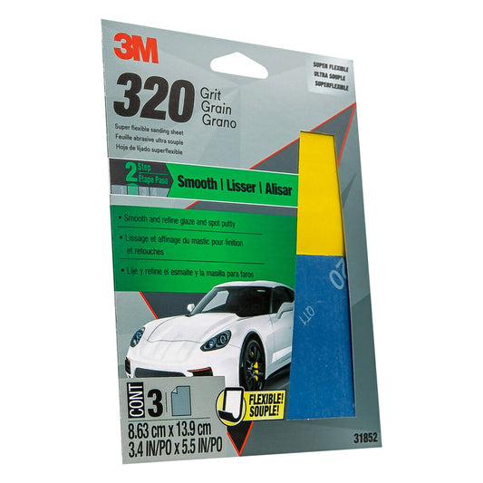 3M™ Super Flexible Sanding Sheets, 31852, 320 Grit, 3 pack, 20 packs per case