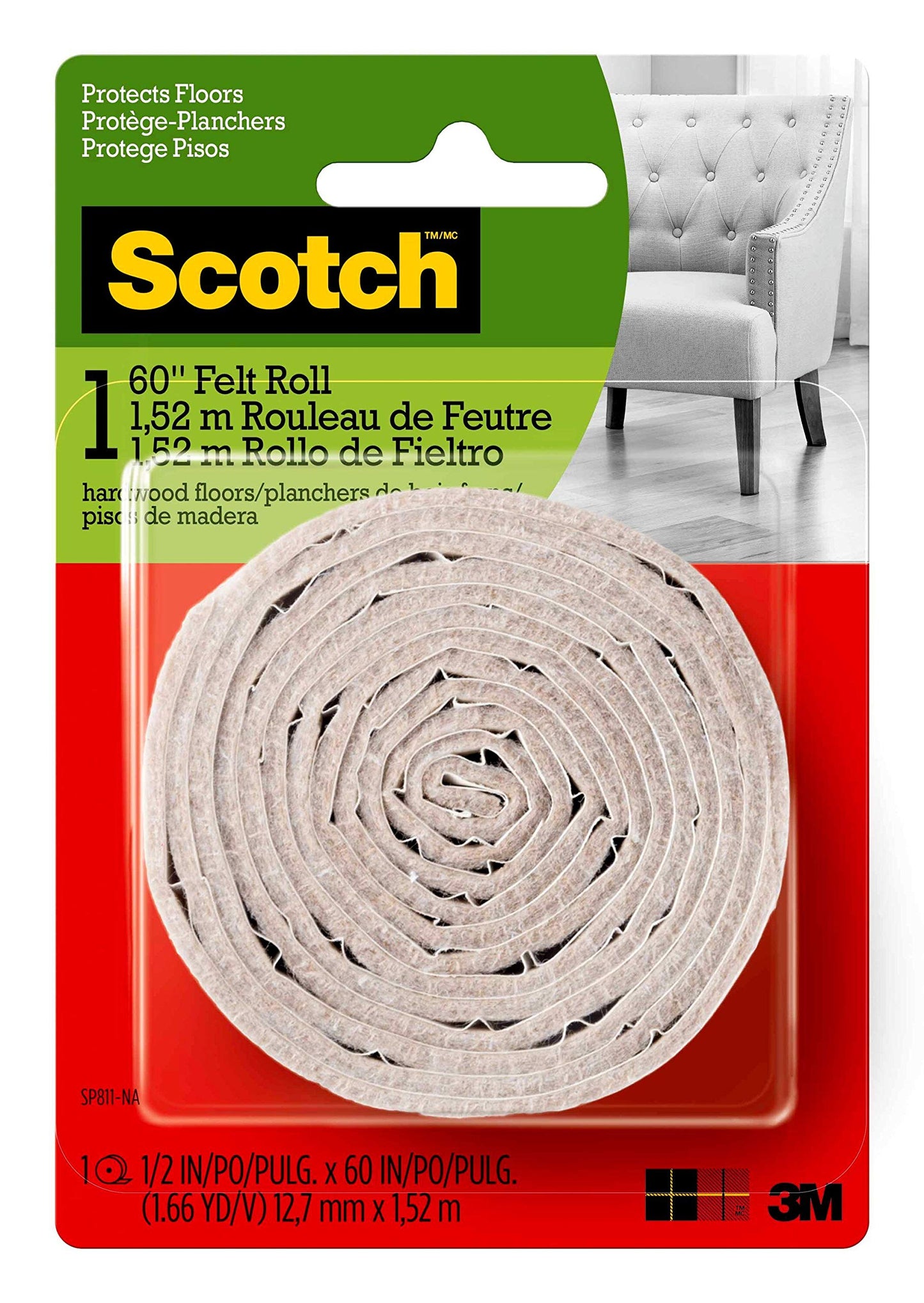 Scotch™ Easy Cut Felt Roll, SP811-NA, 1/2 in x 60 in, Beige, 1pk