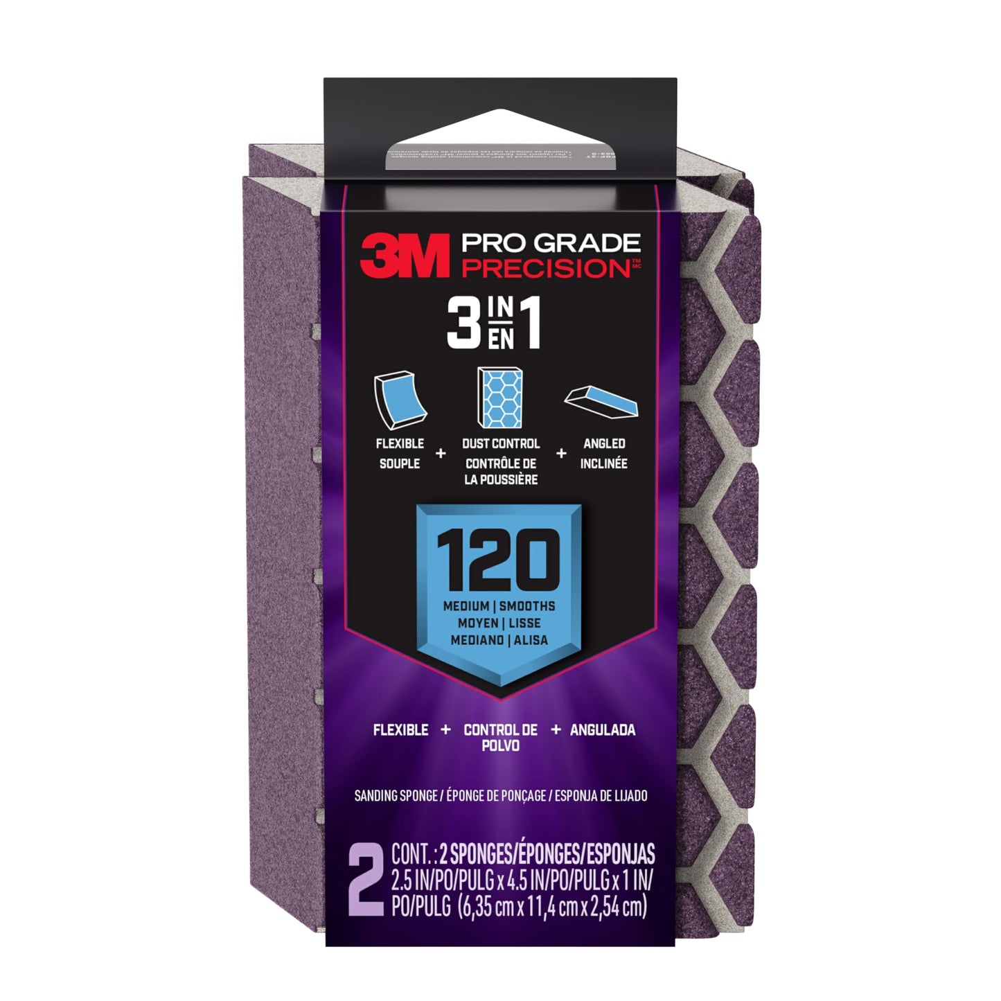 3M™ Pro Grade Precision™ 3-in-1 Sanding Sponge DCDA120-PGP-2T, 2.5 in x 4.5 in x 1 in, 120 grit, Medium, 6/case