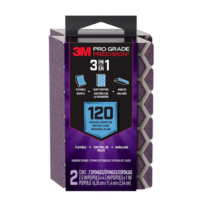 3M™ Pro Grade Precision™ 3-in-1 Sanding Sponge DCDA120-PGP-2T, 2.5 in x 4.5 in x 1 in, 120 grit, Medium, 6/case