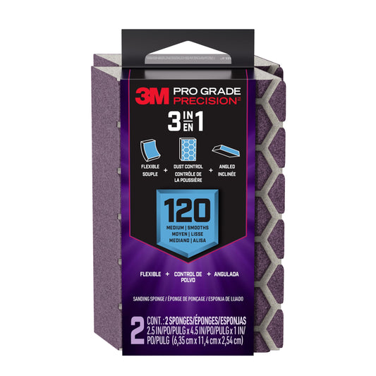 3M™ Pro Grade Precision™ 3-in-1 Sanding Sponge DCDA120-PGP-2T, 2.5 in x 4.5 in x 1 in, 120 grit, Medium, 6/case