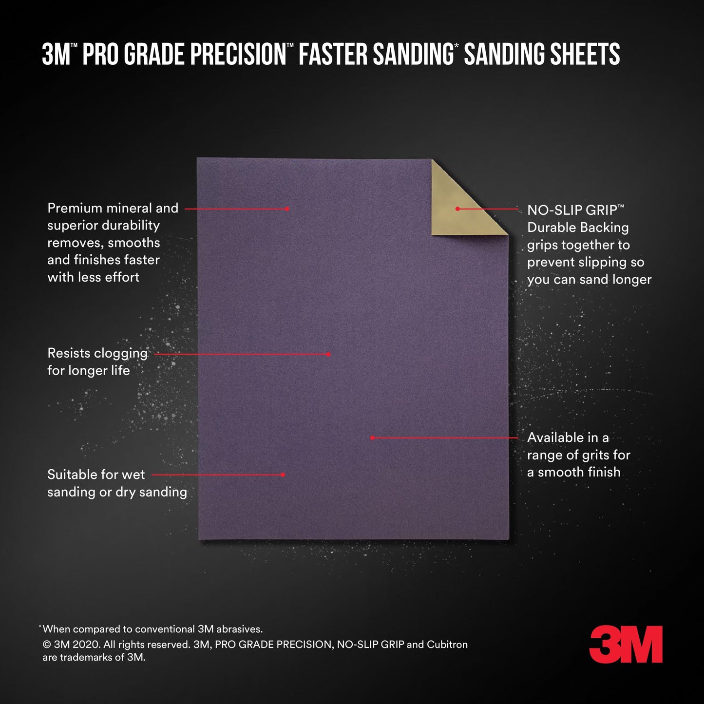 3M™ Pro Grade Precision™ Faster Sanding Sheets w/ NO-SLIP GRIP™ Backing SHR400-PGP-3T, 9 in x 11 in, 400 Gr, 3 Sht/Pk