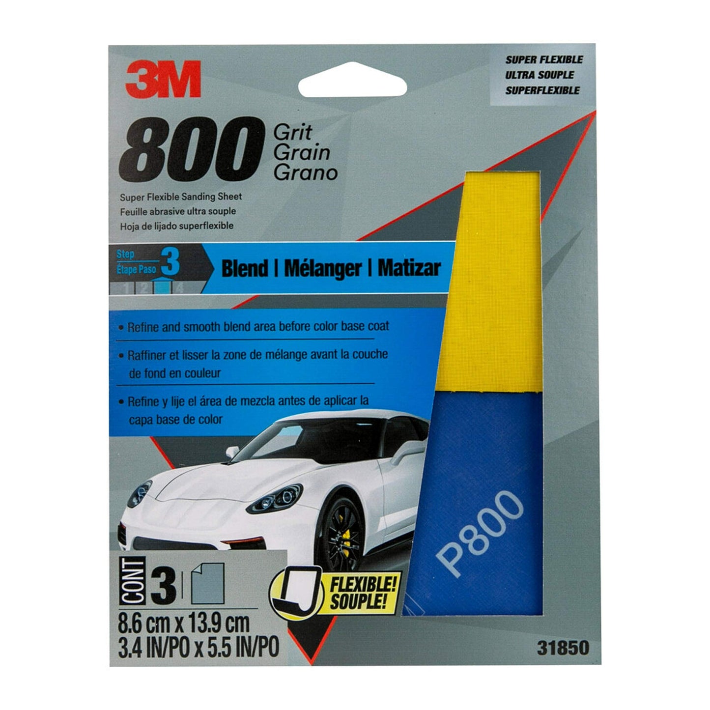 3M™ Super Flexible Sanding Sheets, 31850, 800 Grit, 3 pack, 20 packs per case