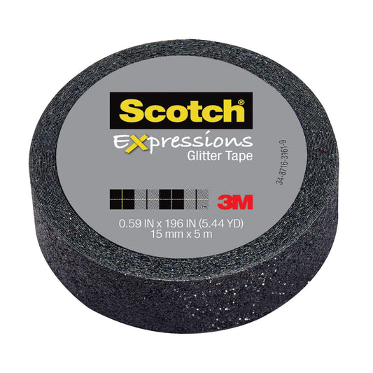 Scotch® Expressions Glitter Tape C514-BLK, .59 in x 196 in (15 mm x 5 m) Black Glitter