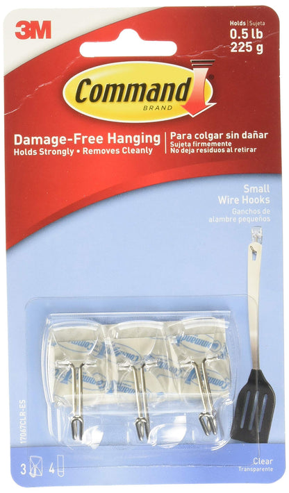 Command™ Small Clear Wire Hooks with Clear Strips 17067CLR-ES, 3 Small Wire Hooks, 4 Clear Strips