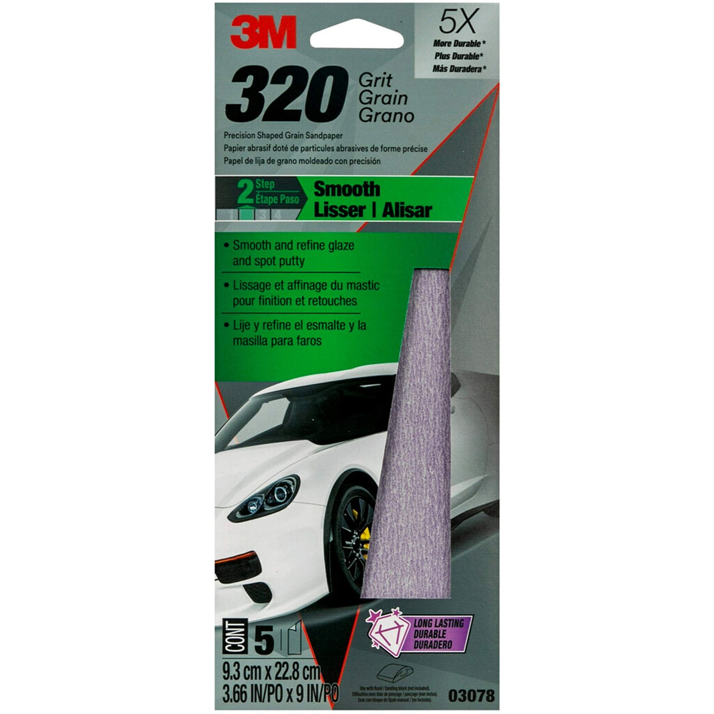 3M™ Premium Automotive Sandpaper, 03078, 3 2/3 in x 9 in, 320 Grit, 5 sheets per pack, 20 packs per case