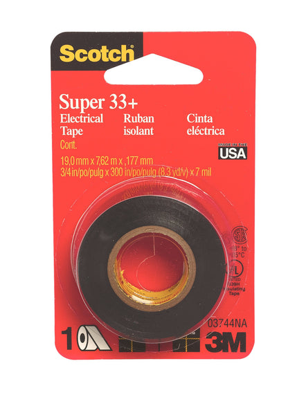 Scotch® Super 33+™ Vinyl Electrical Tape, 03744NA, 3/4 in x 25 ft x 7 mil (19 mm x 7,62 m x ,177 mm), 24/cs