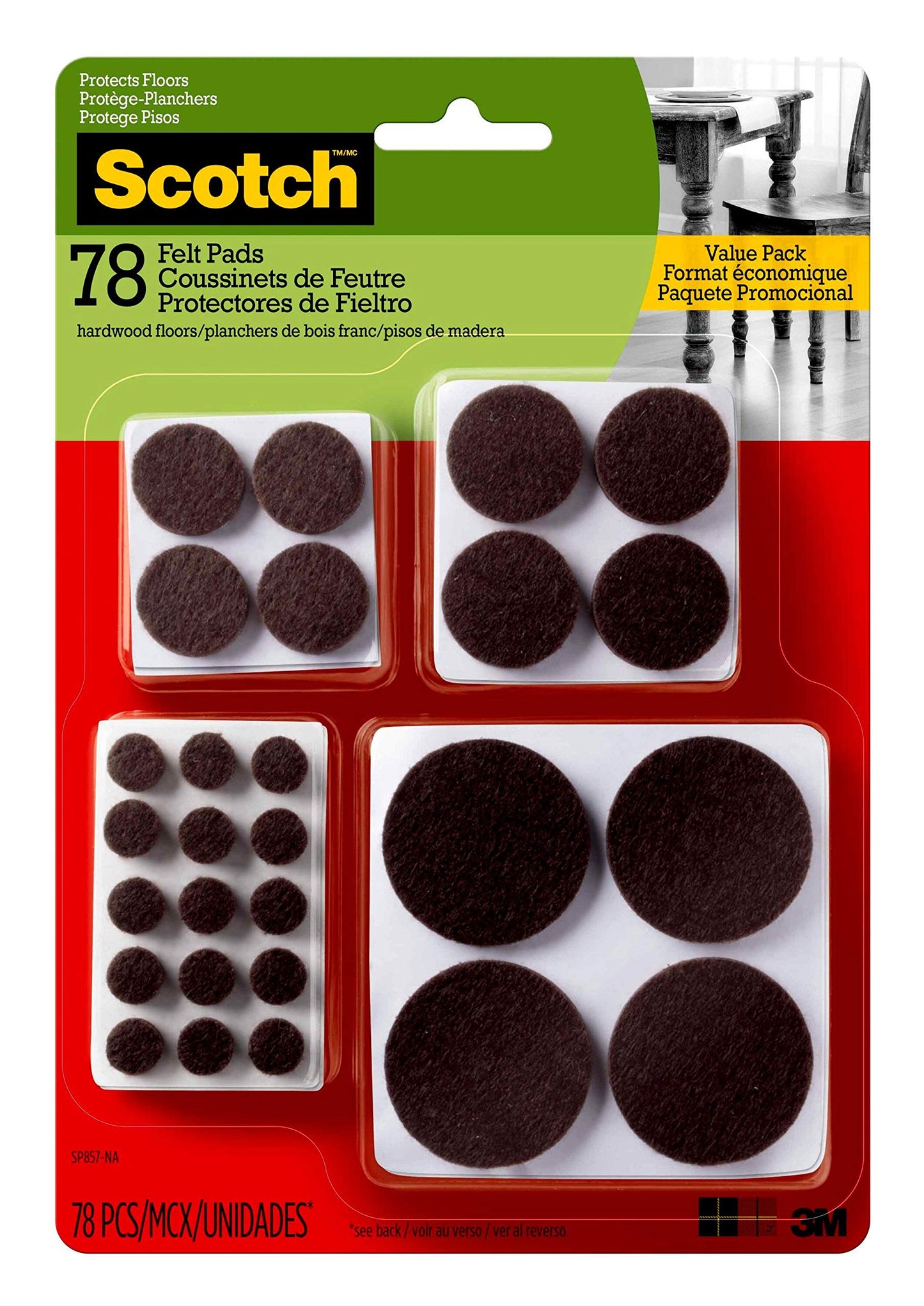 Scotch™ Round Felt Pads, SP857-NA, Multi Pack, Brown, 78pk