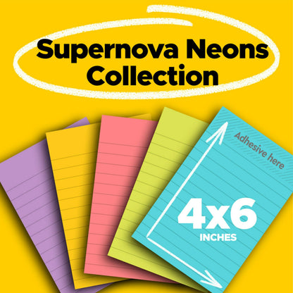 Post-it® Super Sticky Notes 660-5SSMIA, Supernova Neons, 4 in x 6 in (101 mm x 152 mm), 100% PEFC, SGSCH-PEFC-COC-110078