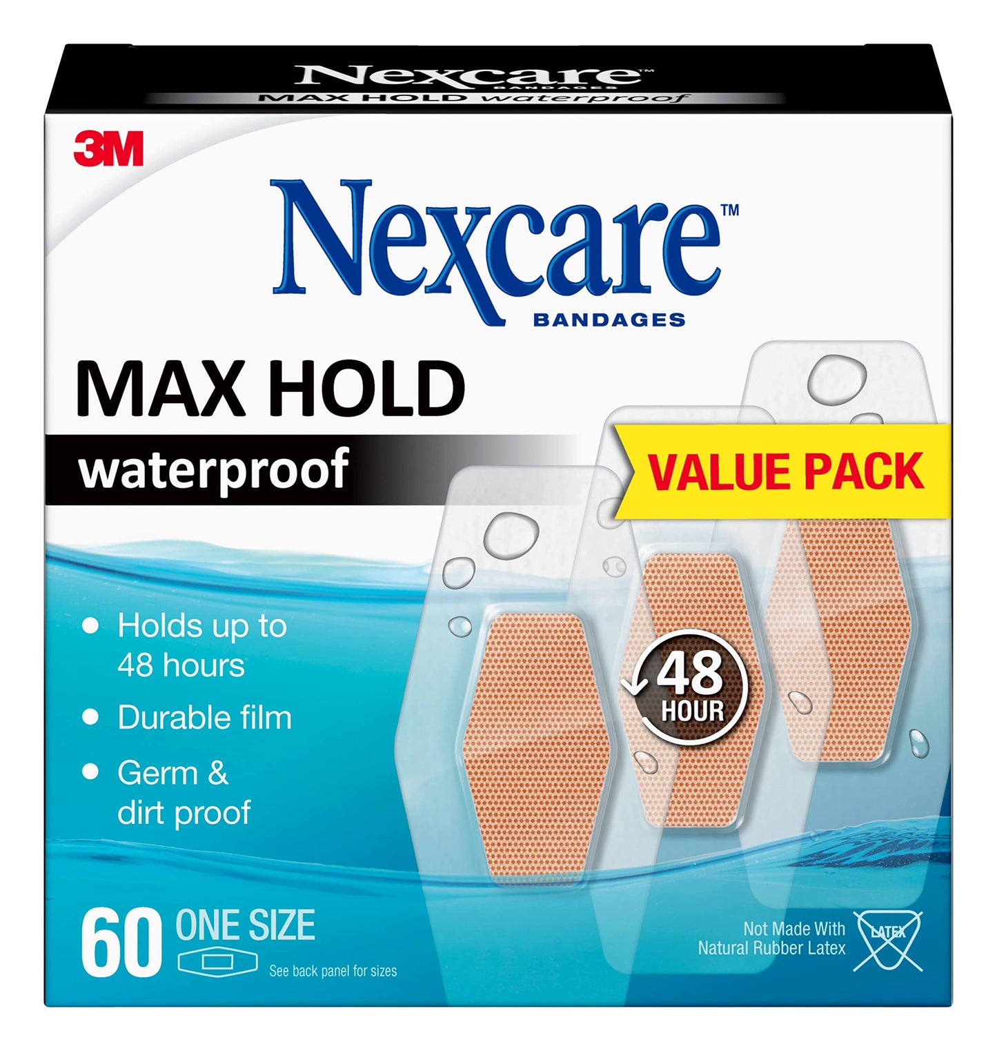Nexcare™ Max Hold Waterproof Bandages MHW-60, One Size 60ct 1.25 in x 2.5 in (31 mm x 63 mm)