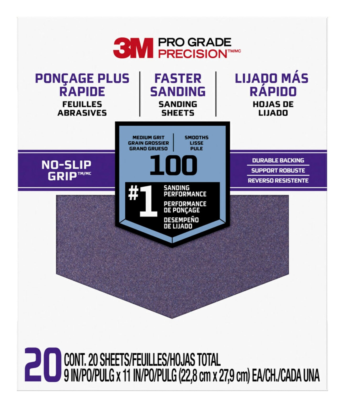 3M™ Pro Grade Precision™ Faster Sanding Sanding Sheets 100 grit Medium, 27100TRI-20, 9 in x 11 in, 20/pk